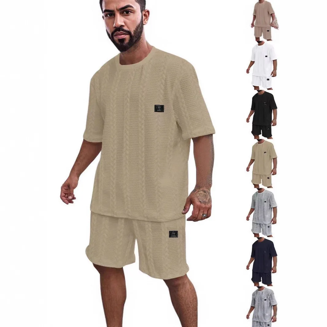

Euro American Mens Summer Tracksuit Solid Color Jacquard Short Sleeve Crew Neck Shorts | Casual Sport 2 Piece Set