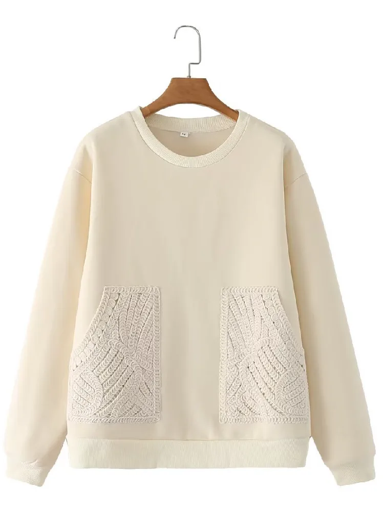 2022 Women Round collar Front Spliced Knitted Pockets Pullover Hoodies Sweats Winter Keep Warm With Fleece Sweatshirt Beige