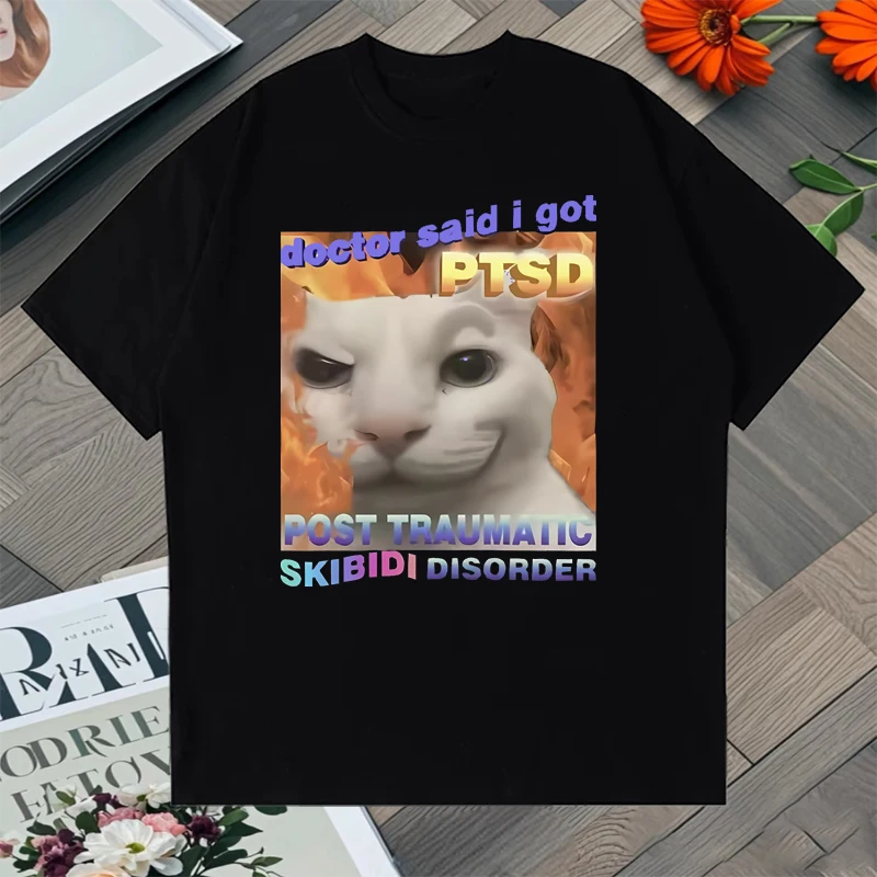 

Funny Cute Cat Skibidi Disorder Meme Graphic Oversized Tee Shirt Cotton Men Women Street Hip Hop short sleeve t-shirts Unisex
