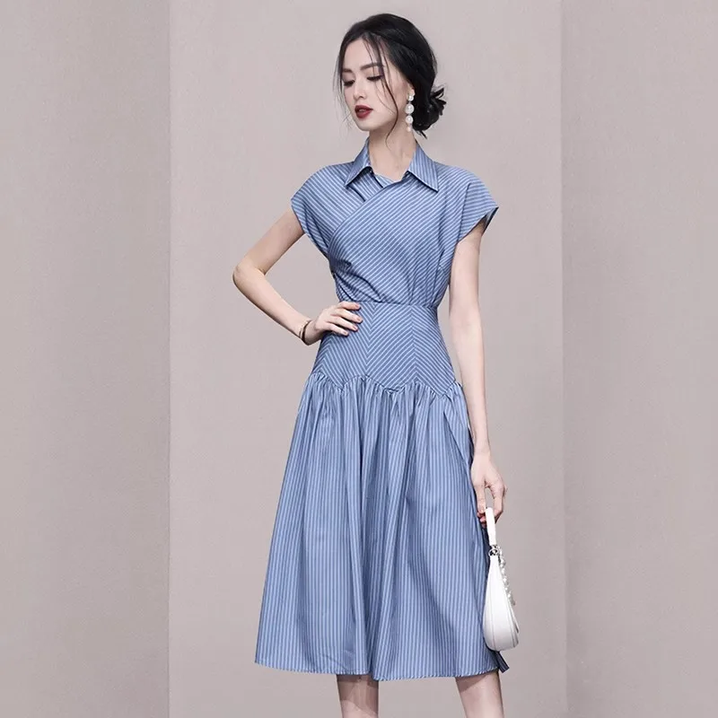 Fashion Summer Office OL Two Piece Set New Women Lapel Side Buttton Striped Short Sleeve Shirts + High Waist A Line Skirts Suits