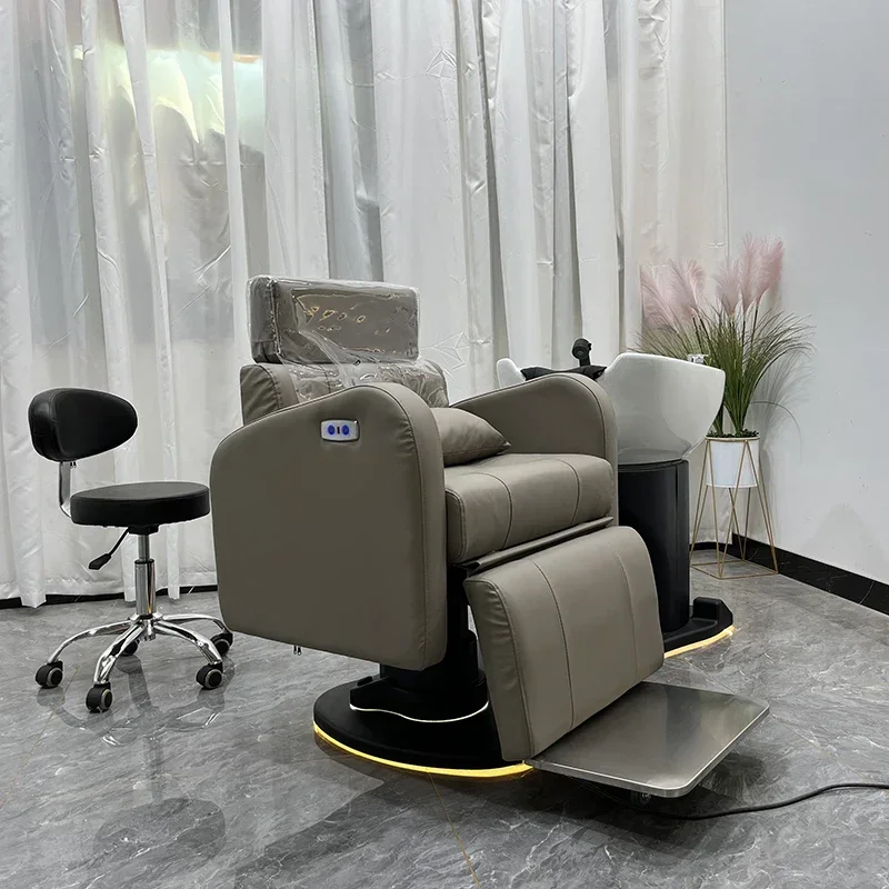 Modern Luxury Orange Leather Barber Shop Salon Furniture Washing Bed Electric Shampoo Chair For Sale