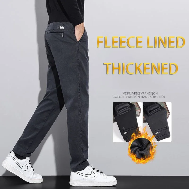 

2025 Winter Minimalist Loose Straight Black Trousers Fashion Men Fleece Lined Thermal Suit Pants Male Smart Casual Blazer Pants
