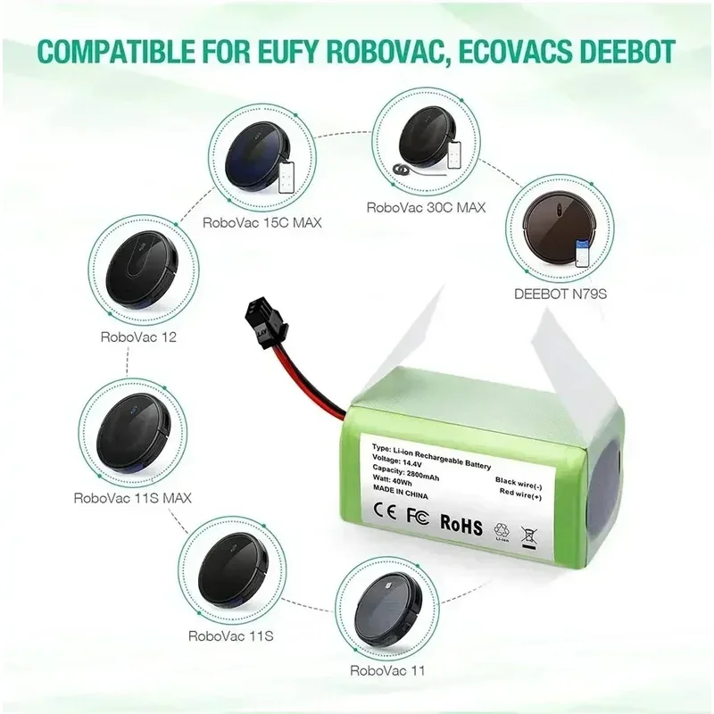 بطارية ليثيوم أيون 14.4 فولت 6800 مللي أمبير في الساعة لـ Conga 990 1090 Tesvor X500 Ecovacs Deebot N79 N79S DN622 Eufy RoboVac 11 11S RoboVac 30