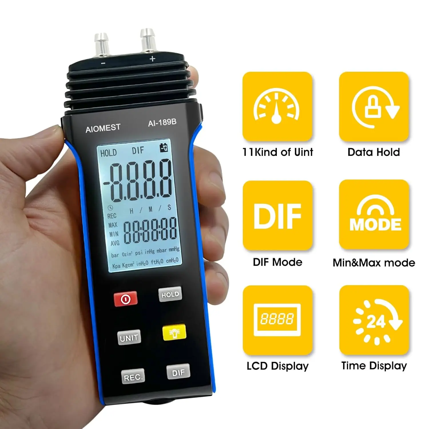 

Manometer Gas Pressure Tester ±30Psi/206.8Kpa, Digital HVAC Gas Manometer with Backlight, 11 Selectable Units, Data Record