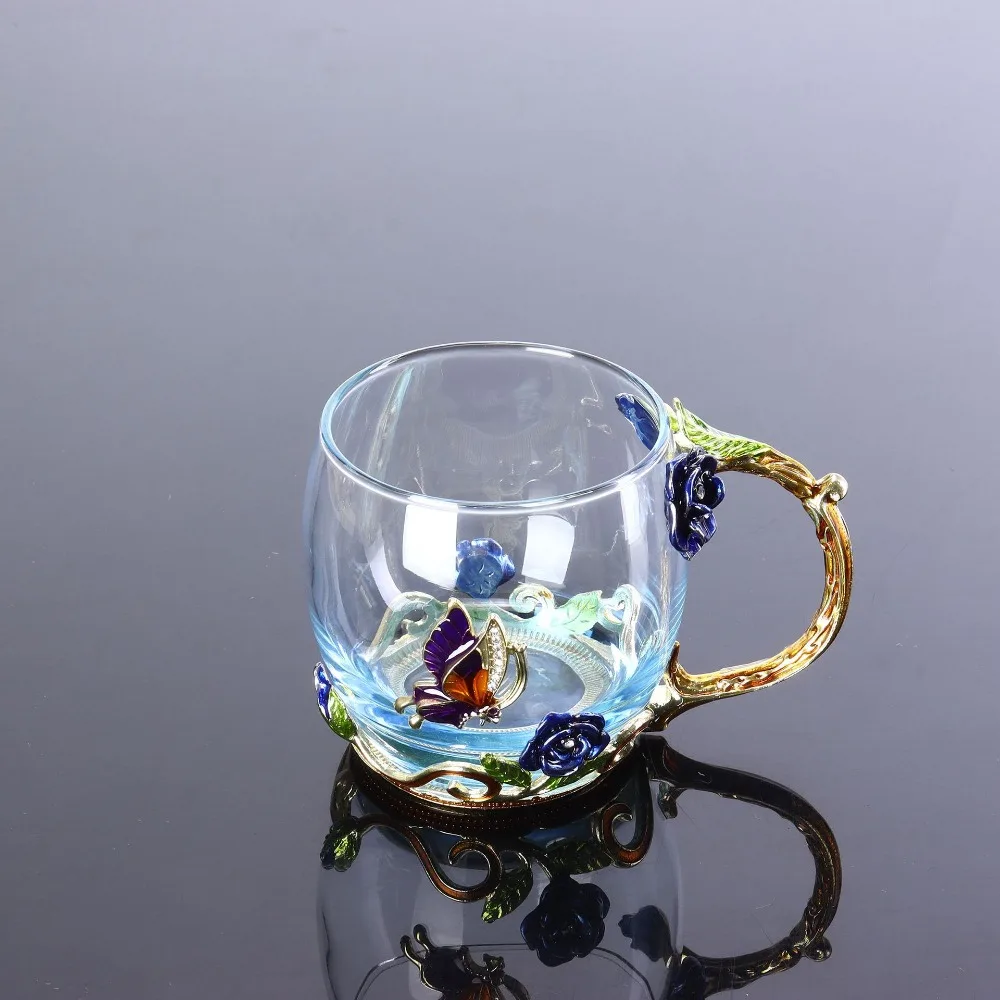 

Teaware Glass Enamel Flower Tea Cup Heat-Resistant Flower Pattern Coffee Cup with Spoon Transparent Tea Mug Afternoon Tea