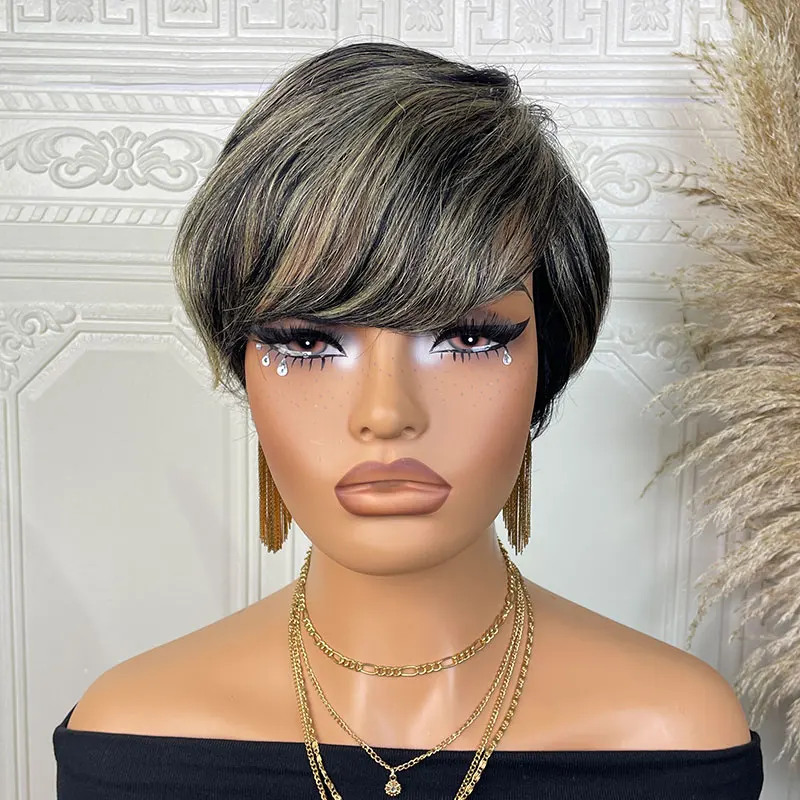 Pixie Cut Wigs For Women Human Hair Short Bob Wig With Bangs Layered Pixie Cut Wig 1B/27 Brazilian Human Hair Full Machine Made