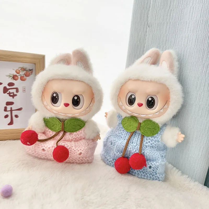 

For 17cm Labubu Doll Cherry Blossom Leaf Knit Pinafore Dress Set Cute Casual Outfit Labubu Doll Accessories