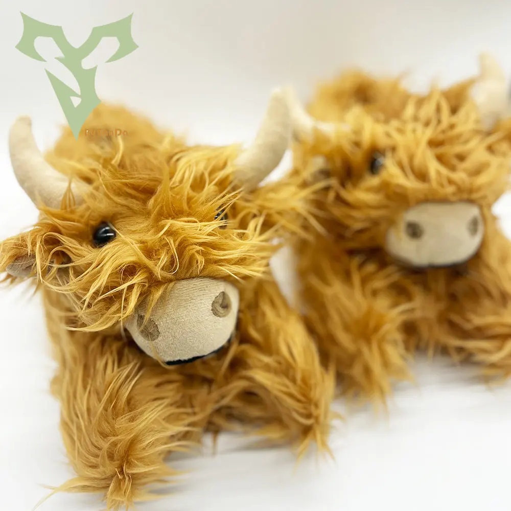 Highland Cattle Slippers Plush Scottish Cow Slippers Brown Fluffy Fur Home Slippers Winter Warm Kawaii Flat Animal Slides Shoes