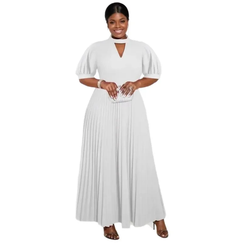 

L-4XL Elegant African Dresses for Women Autumn Short Sleeve O-neck White Party Evening Long Pleat Dress Dashiki Africa Clothing