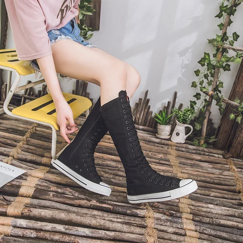 New Women's Canvas Boots Zip Shoes Comfortable Womens Shoes Flat High-top Female Sneakers Lace-up Knee-high Boots Bota Feminina