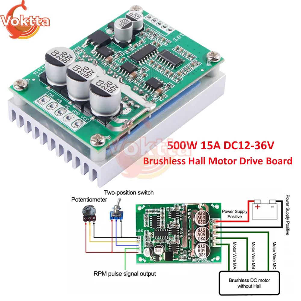 DC Brushless Motor Speed Controller Hall Free Motor Driver Board High Power Foward Reverse Speed Regulator Module 500W DC 12-36V