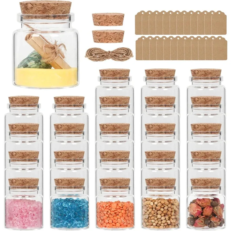 

12/24pcs 50ml Small Glass Jars With Cork Stoppers 10m Rope and Note, Mini Sand Jar, Seashell Jar