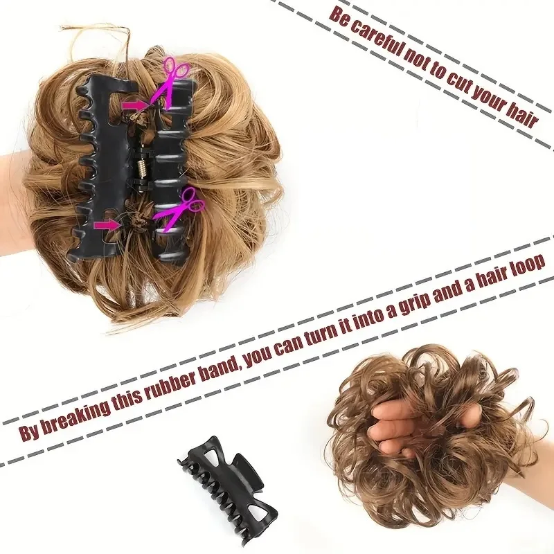 Moño sintético despeinado con pinza de cangrejo, extensión de cabello corto rizado y ondulado, negro y rubio para mujer 3
