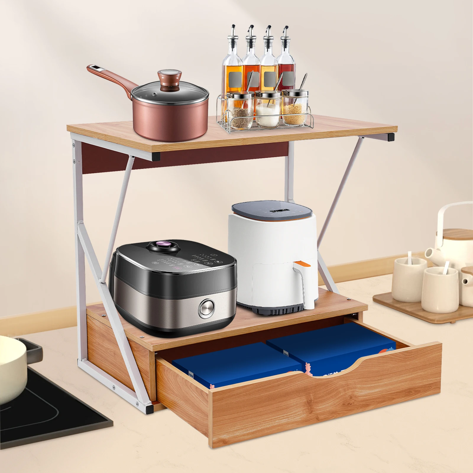 Support de four à micro-ondes à 2 niveaux avec tiroir, charge de 10KG, organisateur de cuisson de cuisine, support d'assaisonnement