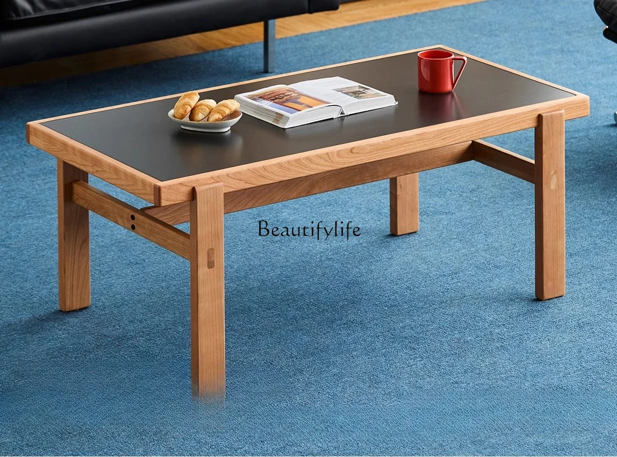 

ls 42Rock slab coffee table Cherry wood medieval style living room balcony Square solid wood small tea table