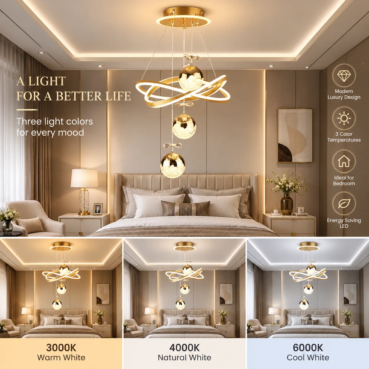 Modern  LED Pendant Light, 3‑Sphere Crystal Chandelier, 3 Color Changing (3000K/4000K/6000K), Adjustable Hanging Cord, Luxury Ring Ceiling Hanging Lamp, Decorative Light Fixture for Bedroom Living Room Dining Room Home Decor