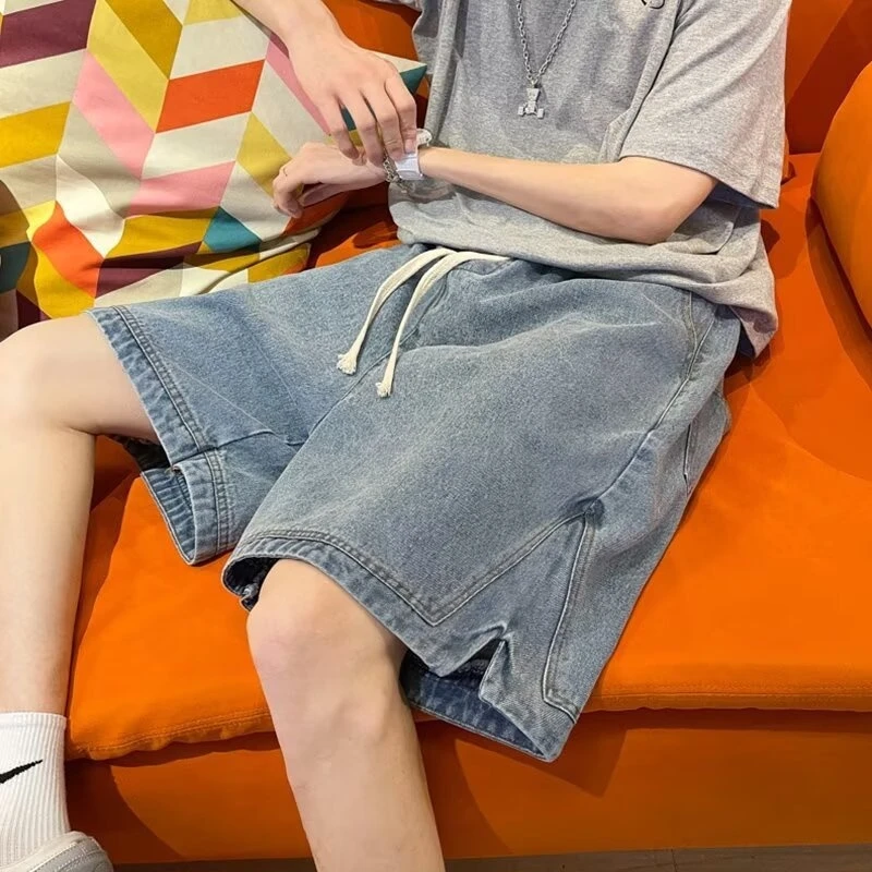 

Men Loose Korean Style Denim Shorts Straight Wide Leg Split Hem Five Inch Pants Summer Thin Casual Daily Outdoor Trousers