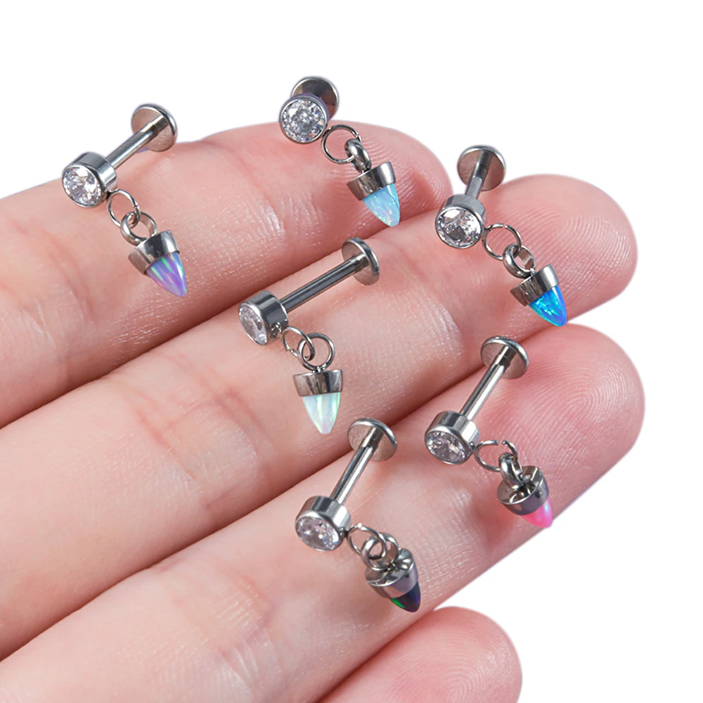 1PC Opal Cone Spiker Pandent Earring G23 Pure Titanium Internal Threaded Rhinestone Lip Labret Ear Cartilage Helix Daith Earring