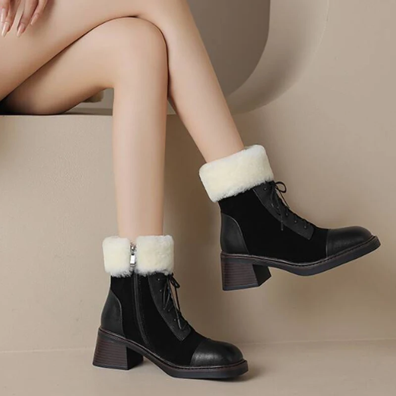 Women's Mid-Calf Leather Winter Snow Boots with High Heel and Zipper