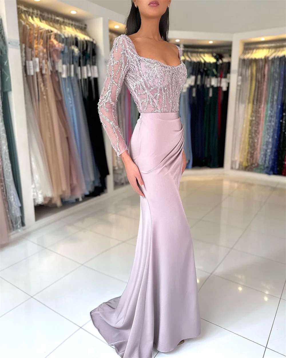 Amanda Lavender Beaded Prom Gown Mermaid Satin Evening Formal Elegant Long Sleeves Floor-length Heart Shaped Neck Party Dresses