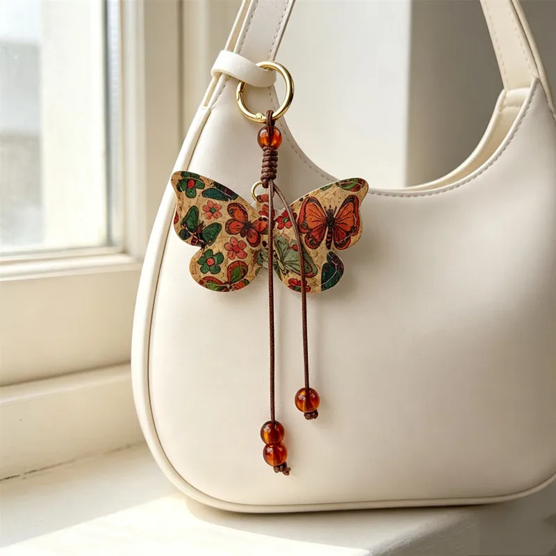 Vintage Ethnic Printed Butterfly Shaped Keychain, Elegant Literary New Chinese Style Versatile Bag Charm, Universal Ornament