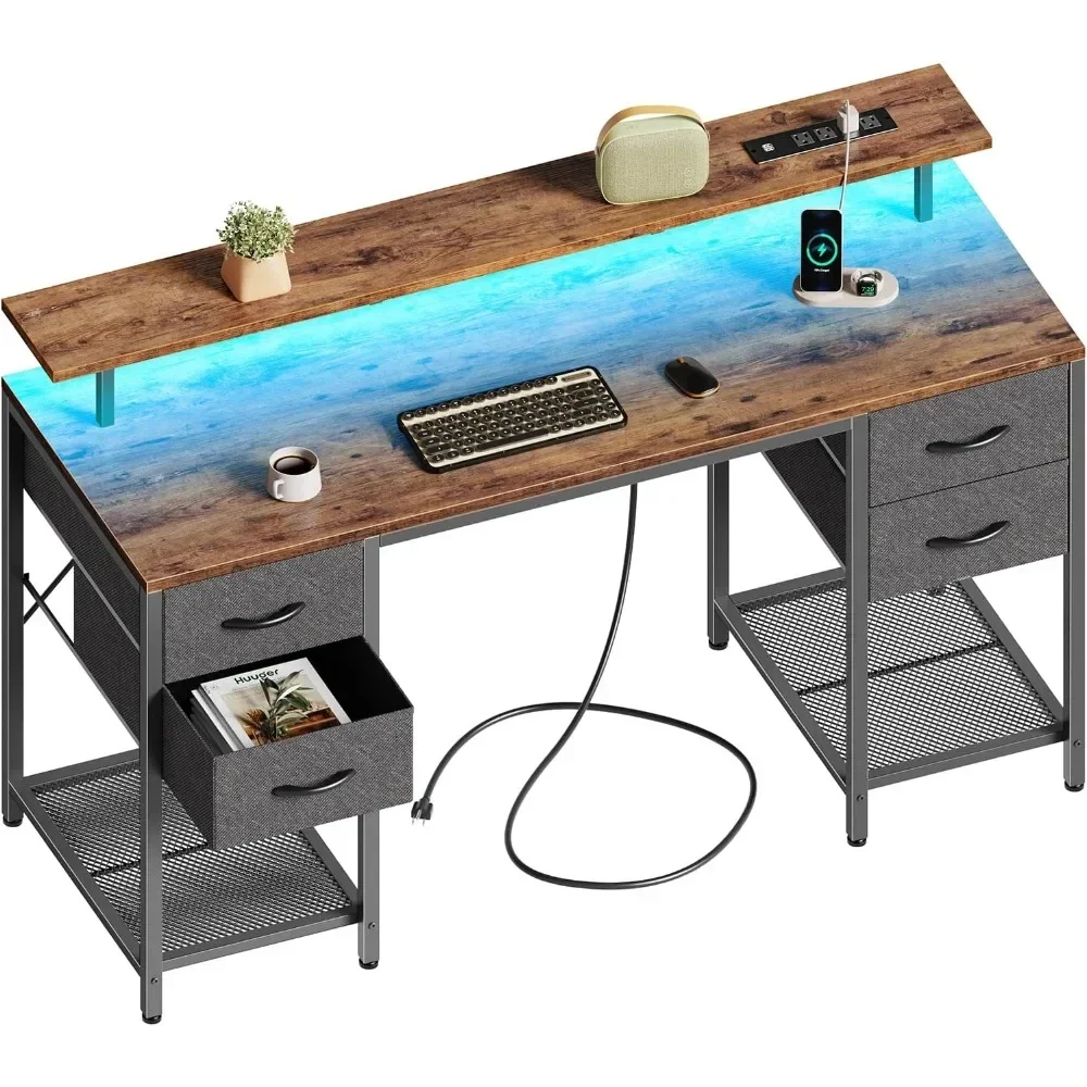 

55 inch Computer Desk with 4 Drawers, Gaming Desk with LED Lights & Power Outlets, Home Office Desk