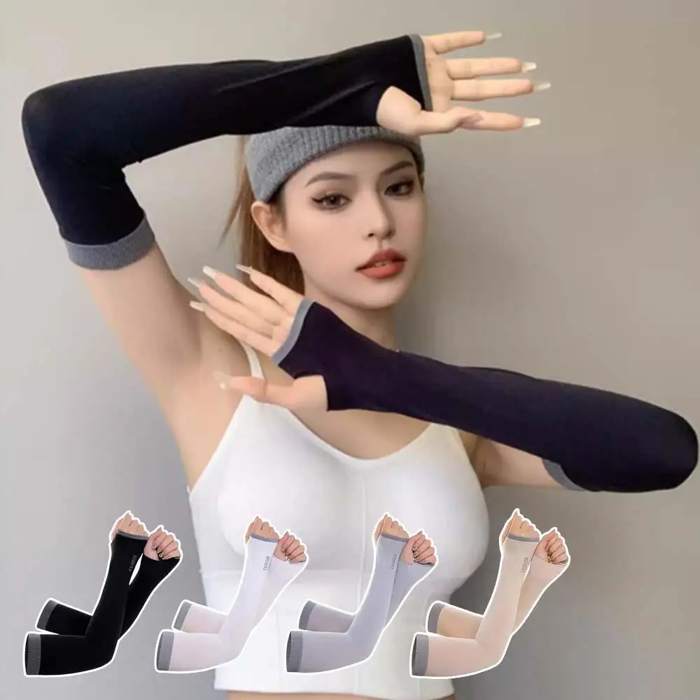 

Riding Sport Sunscreen Arm Cuff Sleeve Summer Ice Silk Arm Sleeves Fingerless Long Gloves Black White Unisex Elastic Elbow Cover
