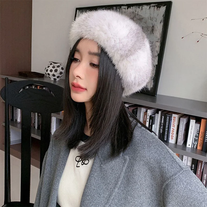 Women's Beret Winter Thickened Real Mink Hair Thermal Fur Straw Hat Fashion Casual Fluffy Plush Elegant Banquet Hat New Style