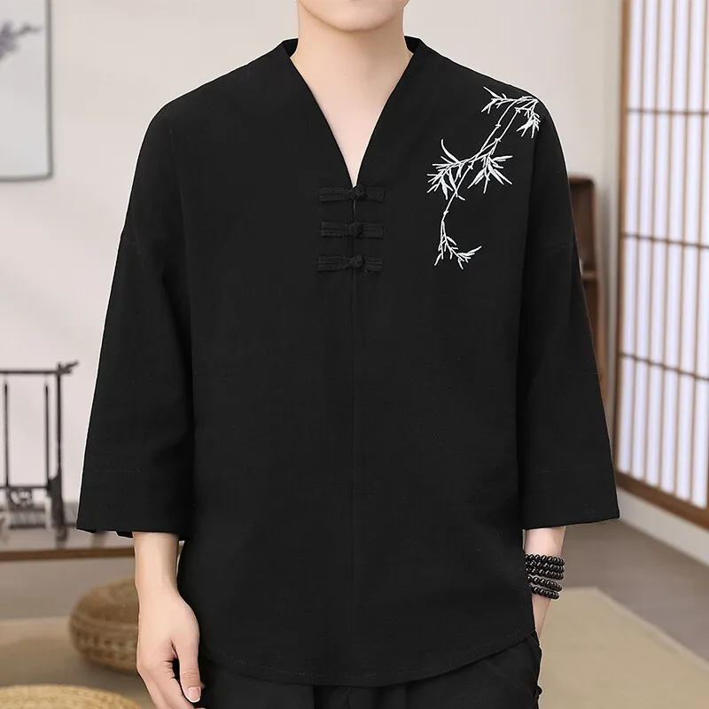 Stylish Men's Loose-Fit Bamboo Leaf Embroidered Zen Robe - Traditional Chinese Kung Fu Meditation Clothing, Breathable & Elegant
