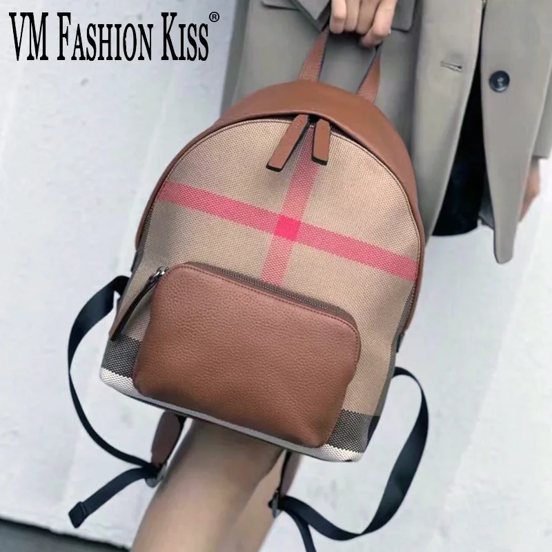 

Double Zipper Design Fashionable Canvas+Cowhide Backpack Canvas Backpack For Women Trendy 2025 New Plaid Brown Women's Bag