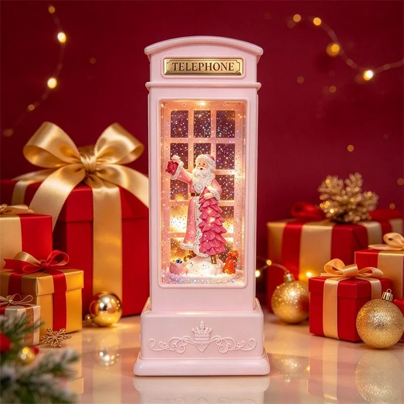 Illuminated Telephone Booth Night Light Pink Snowman Lantern Vintage Christmas Tabletop Decoration Home Room Decor Holiday Gift