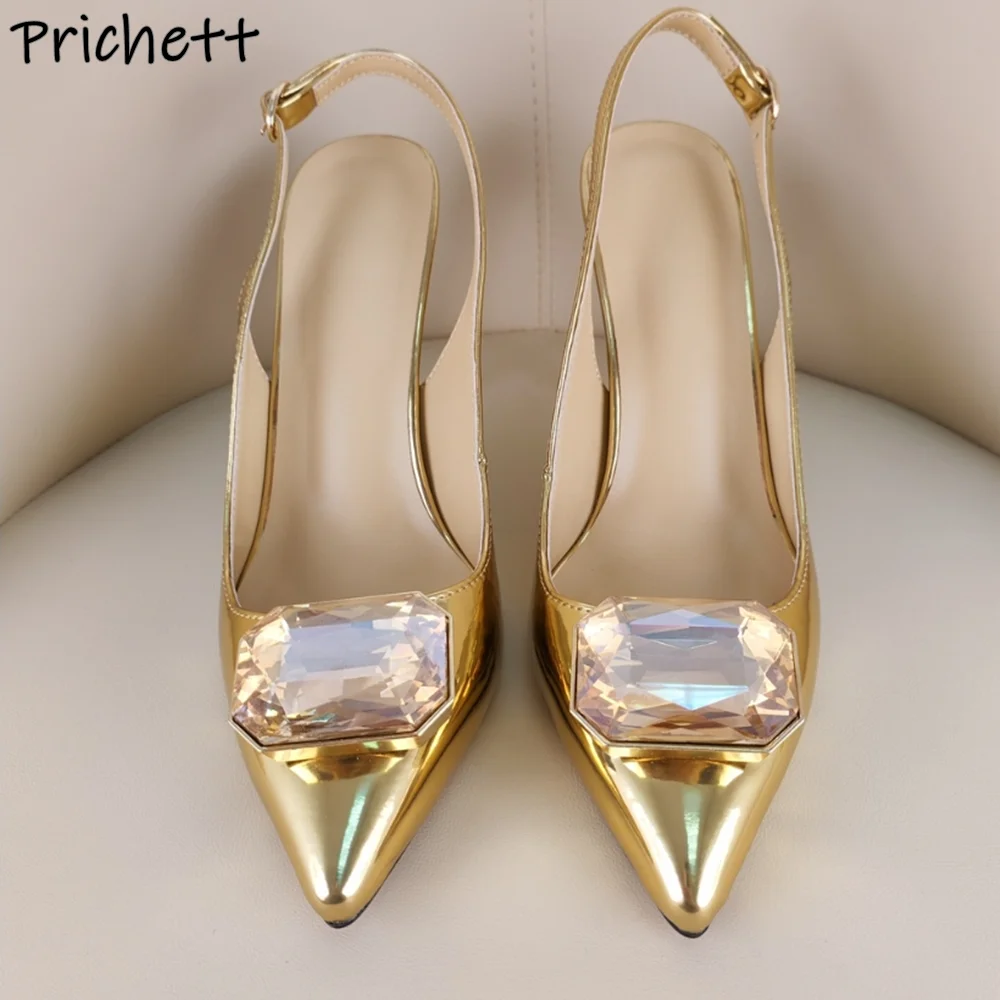 Rhinestone Slingback Shallow Sandals Purple Gold Pointy Toe Slingback Buckle Strap High Heels Shoes Women's Summer Luxury Pumps