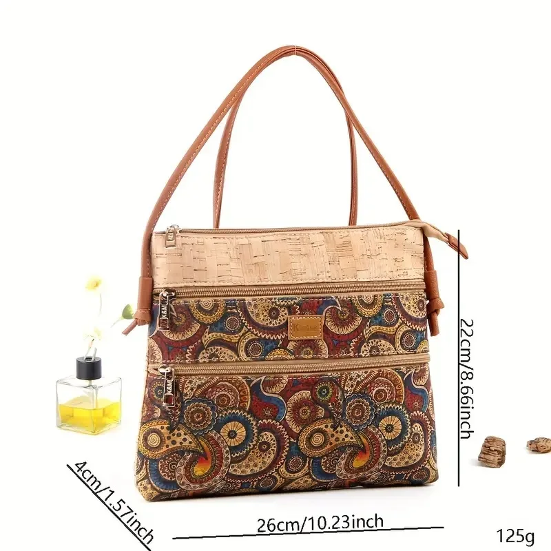 2pcs Crossbody Bags Cork Leather Paisley Printing Large Capacity Protable Shoulder Bag