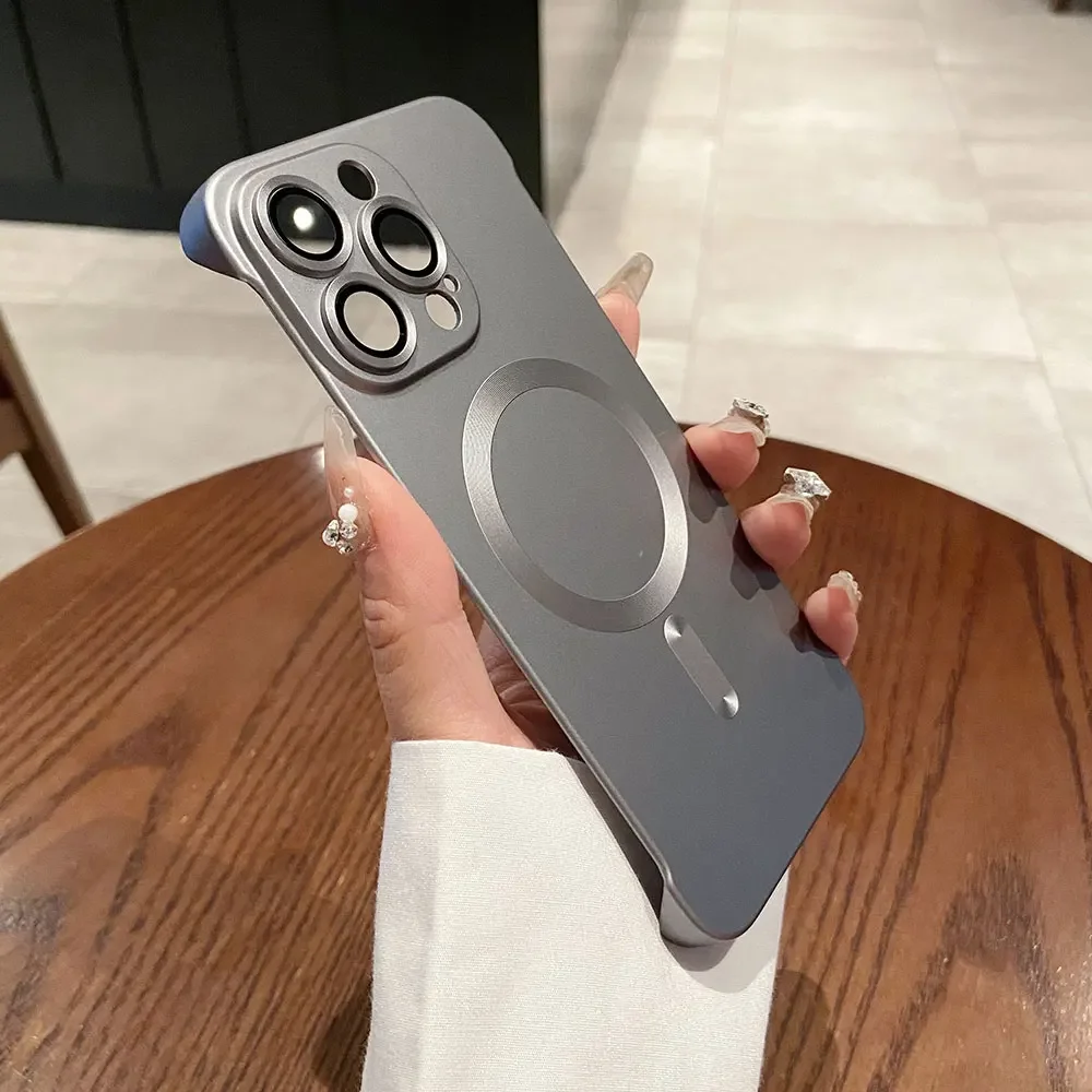 

Natural titanium borderless plating magsafe phone case for iPhone 16 15 14 13 12 11 Pro Max Plus magnetic wireless pc back case