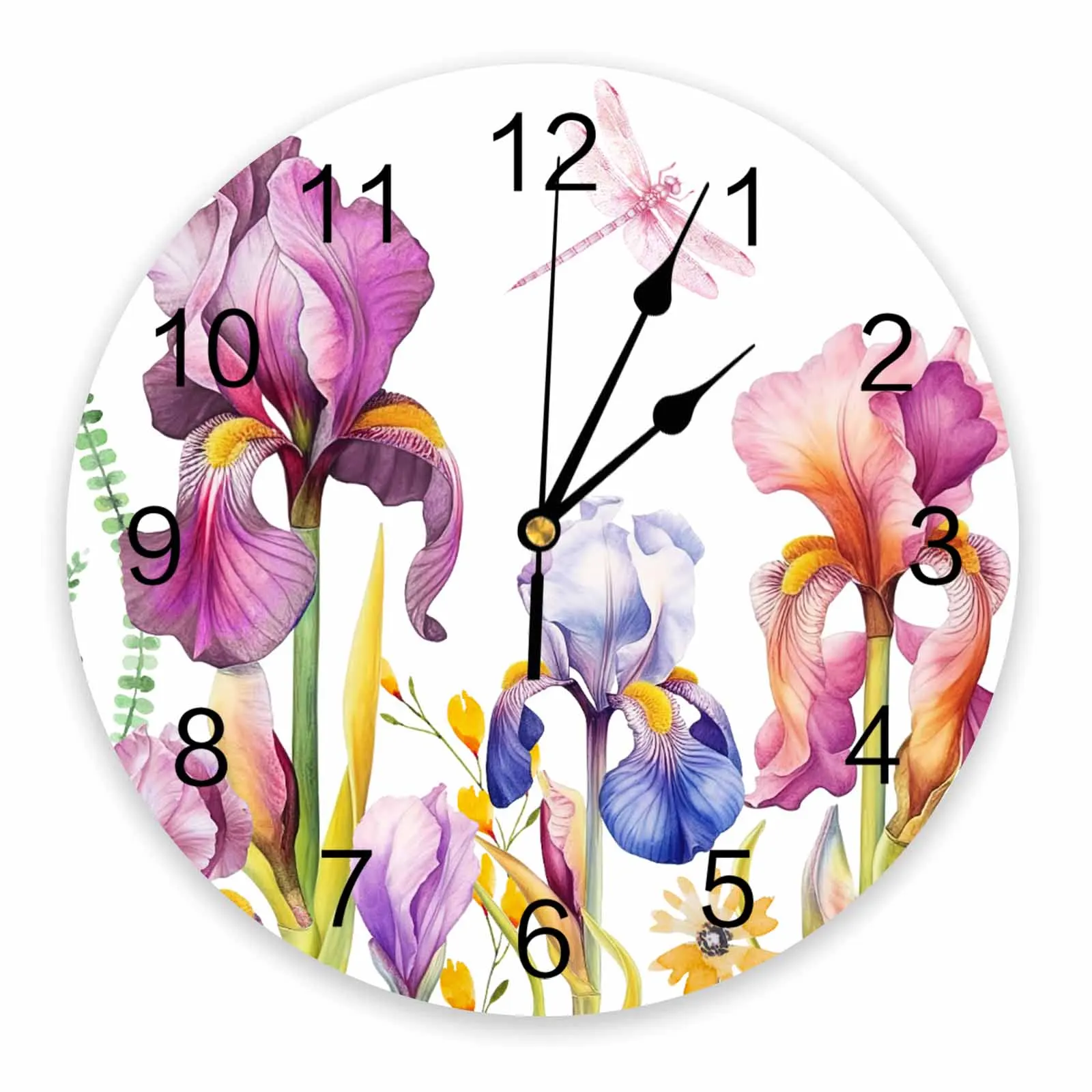 Easter Iris Watercolor Plant Illustrations Printed Wall Clock Modern Silent Clock Living Room Home Decor Wall Hanging Watch