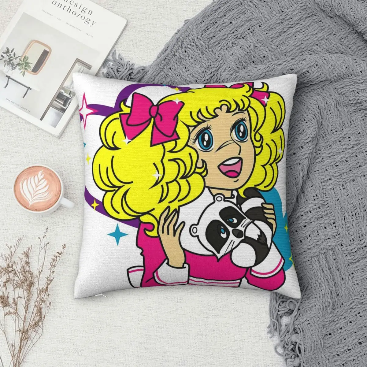 Candy Candy Anime Girl With Racoon Clint With Heart Stars Pillowcase Printed Cushion Cover Decor Pillow Case Cover Bed