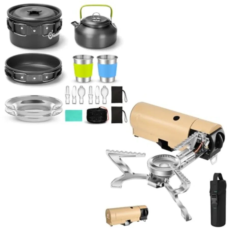 

Bundle - 2 Items 15pcs Camping Cookware Mess Kit Non-Stick Lightweight Pot Pan Kettle Set and 1400W Portable Camping Stove