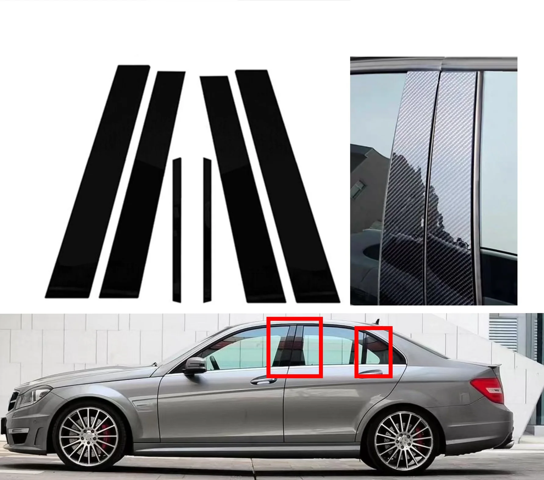 Gloss Black Pillar Posts Silver Carbon Fit For Mercedes Benz C Class Sedan W204 2007-2014 Window Decor Side Mouliding Trim Cover