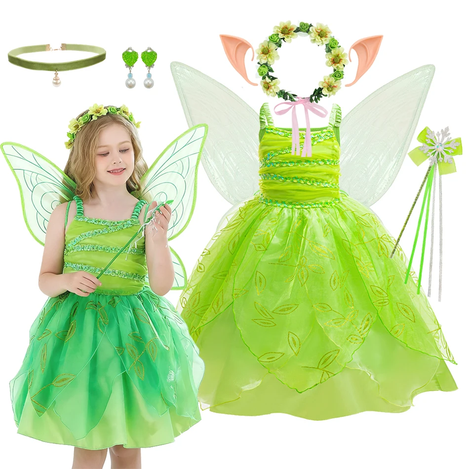 

Костюм Тинкер Белл для девочек, платье феи с крыльями, цветочная корона, набор с волшебной палочкой для Хэллоуина, косплей-вечеринки, зеленый наряд феи