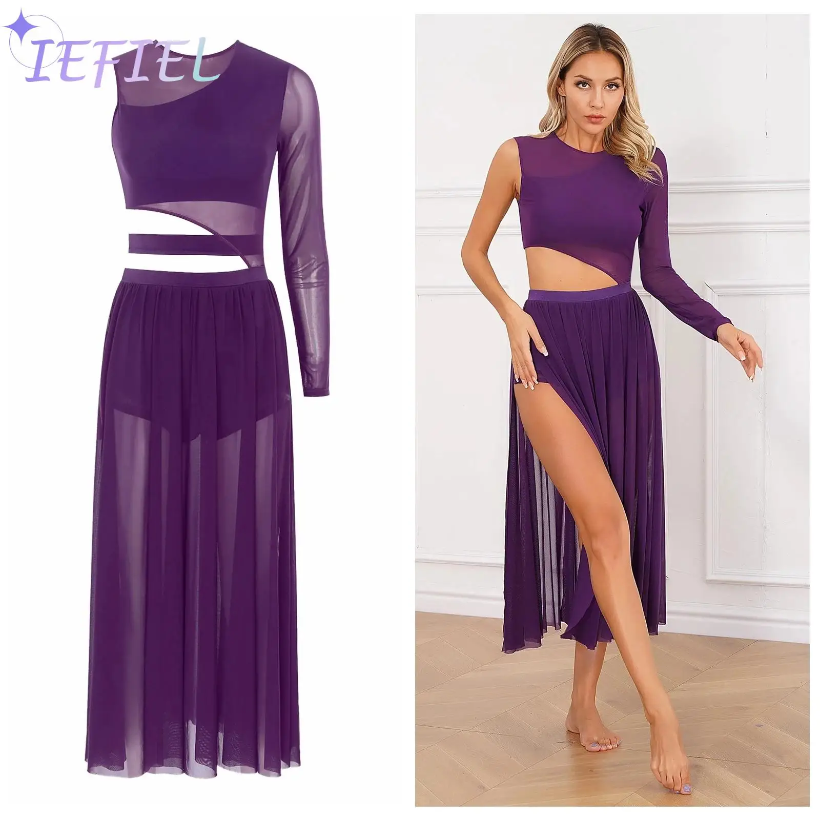 Modern Lyrical Dance Skating Stage Performance Costume Cutout Patchwork  Side Split Sheer Mesh Long Maxi Dresses Dancewear - AliExpress 200000532