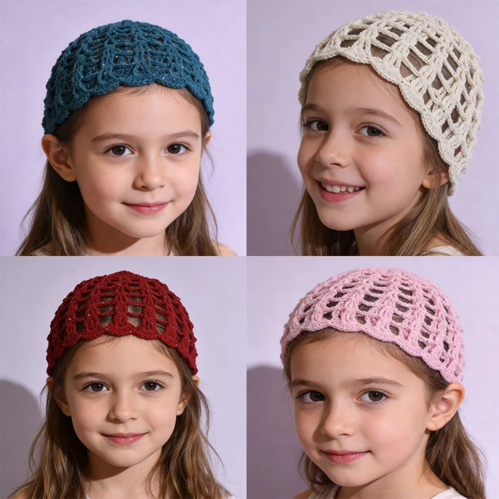 2026 NEW Baby Girls Crochet Hat Kids Spring Autumn Mesh Beanies Handmade Sequin Decoration Bonnet Knit Cap 1-6 Y