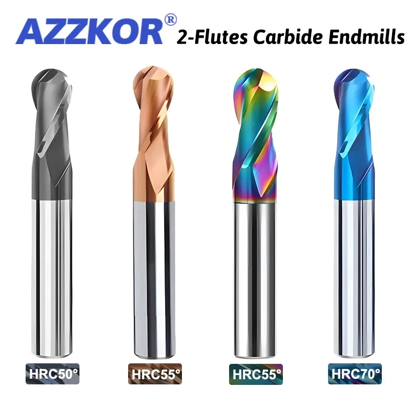 AZZKOR-fresadora de bolas de carburo para procesamiento de acero y aluminio, máquina de mecanizado de 2 flautas, R0.5-R6.0mm, HRC50/55/70