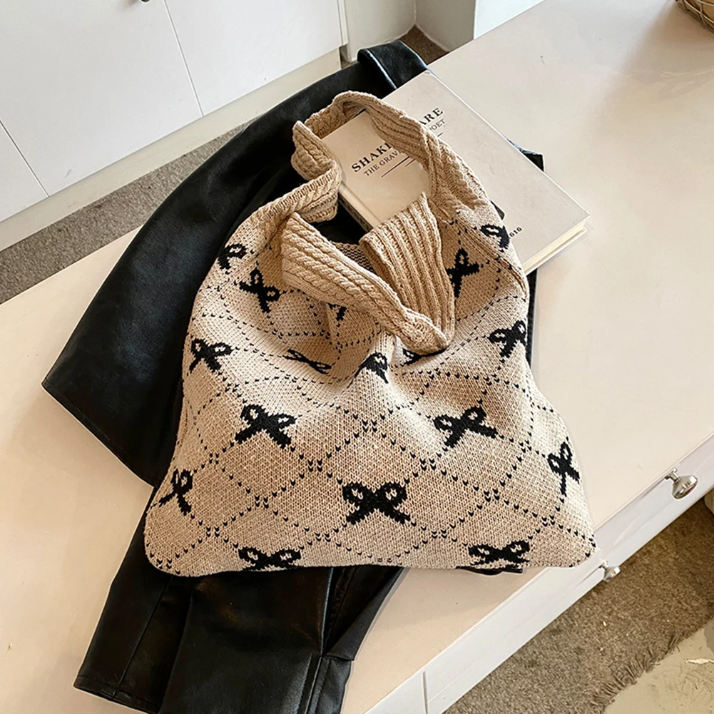 

Женская сумка-тоут крючком, сумка с бантом и принтом, милая большая вместительная продуктовая сумка, женская вязаная сумка на плечо контрастного цвета для покупок
