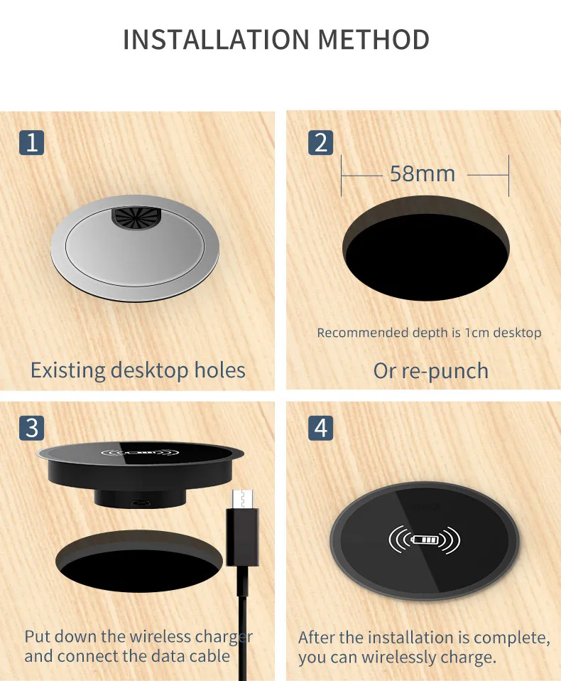 Eingebautes kabelloses Ladegerät für 58mm Loch – Verstecktes schnelles Laden für iPhone 17 16 15 14 13 12 Pro Max und Samsung S25 – Detail 9