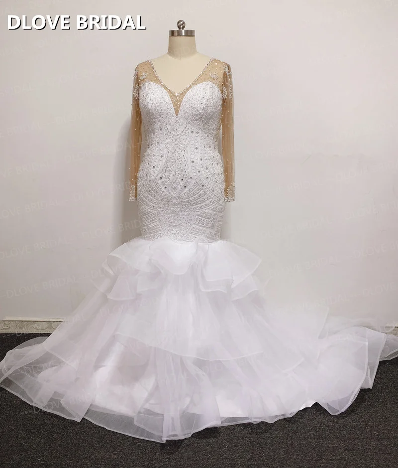 Luxe Mermaid Wedding Dress Factory Custom Made V-hals Bruidsjurk Heavy Kralen 3/4 Lange Mouwen Robe De Mariee Plus size