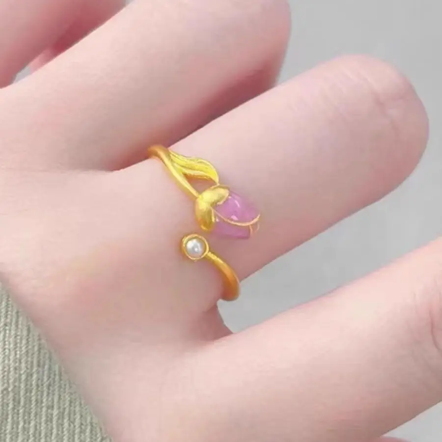 

24K Gold Women's Tulip Expandable Ring | AU999 Pure Gold, 3D diamond - set petals, adjustable for spring charm