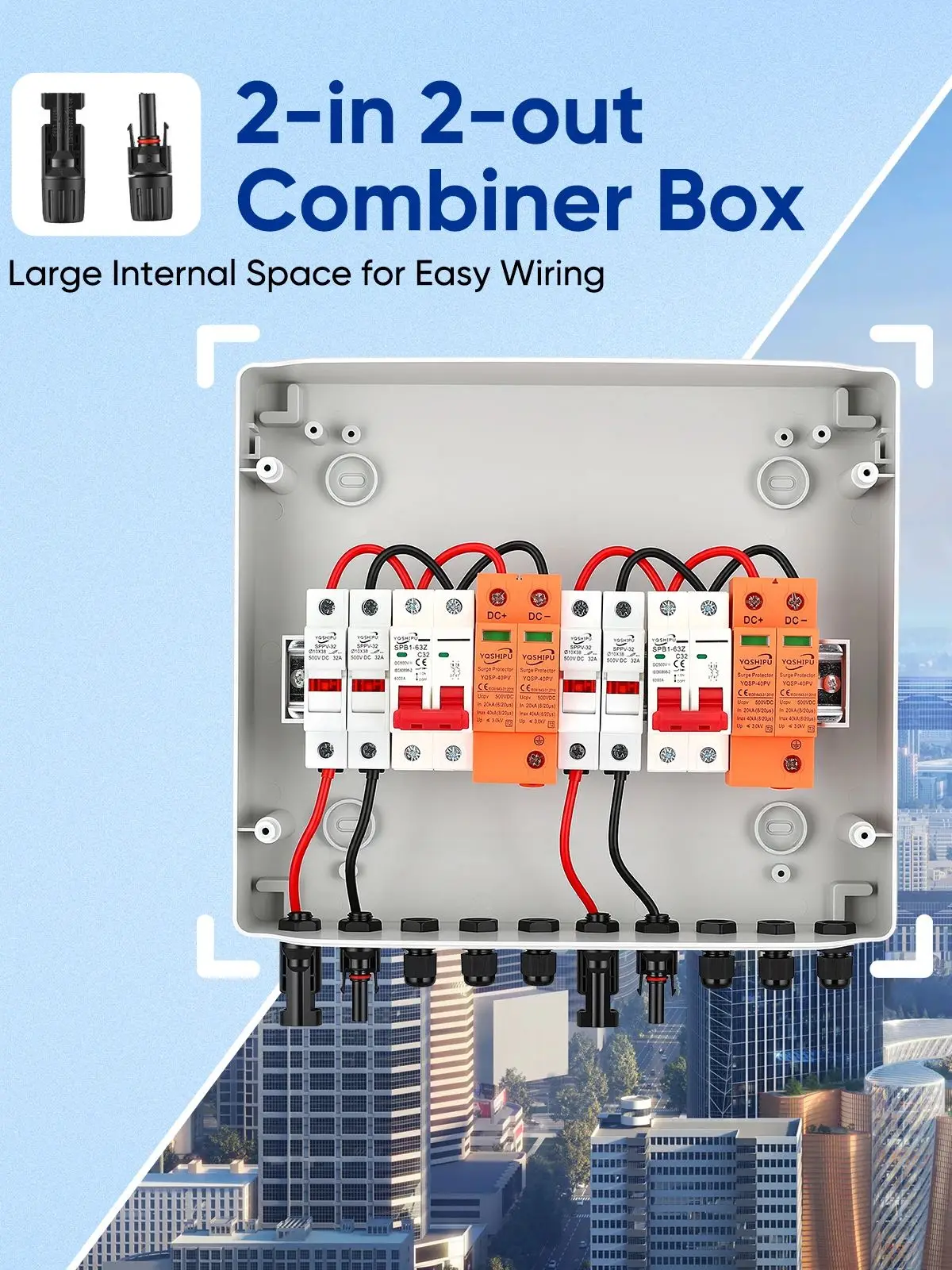 500V Zwei-Ein-Zwei-Aus-Solar-Photovoltaik-DC-Combiner-Box, wasserdicht, für den Außenbereich, mit Sicherung, Überspannungsschutz, Kunststoff, spezielle Verteilerbox
