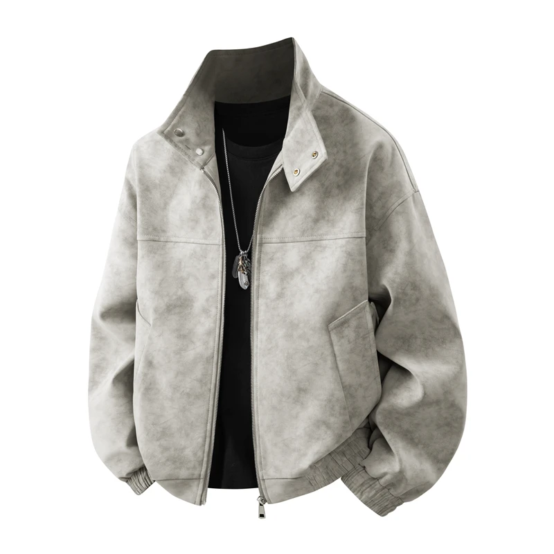 

Men's Faux Suede Stand-Collar Zip Jacket - Oversized Design with Patch Pockets, Durable & Easy-to-Match for Street Outfits