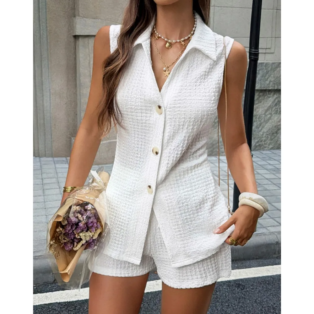 

Elegant Two-piece Solid Color Lapel Sleeveless Vest Top Casual Daily Shorts Set Office Business Workplace Commuting 2-piece Sets