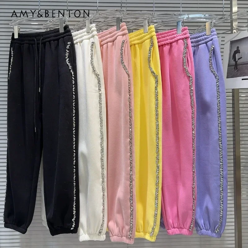 

2024 Winter New Popular Exquisite Rhinestone Edge Slacks Trousers Heavy Industry Multi-color Fleece Sweatpants Women's Clothes